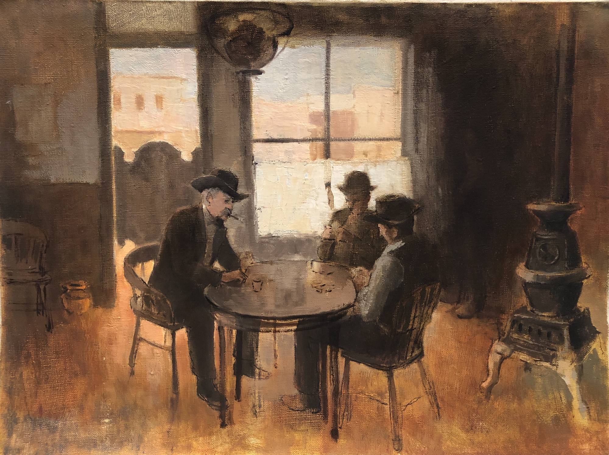 Painting of an interior scene of an old Western-style saloon. Men in hats sit around a table near a wood furnace.